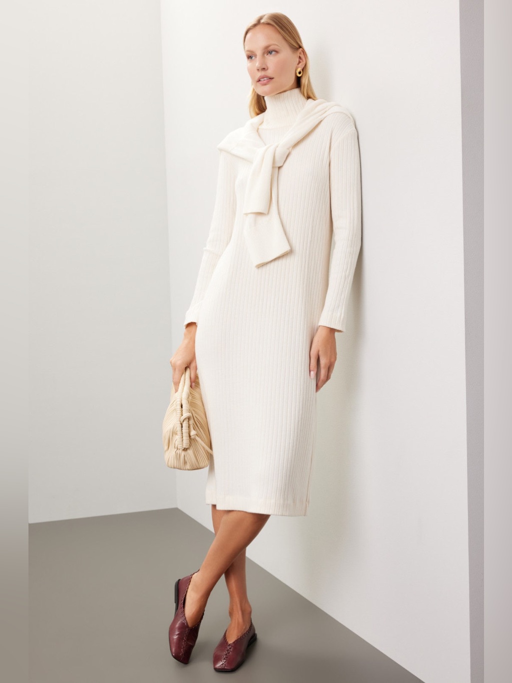 Donni. Cream Ribbed Midi Turtleneck Dress With Attached Scarf